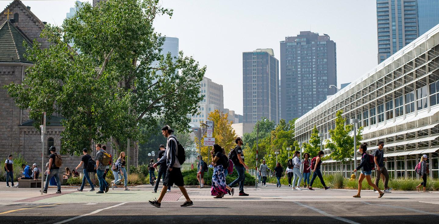 Students walking across Auraria Campus